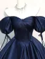 Vintage / Retro Navy Blue Prom Dresses 2026 Ball Gown Off-The-Shoulder Puffy Short Sleeve Backless Floor-Length / Long Formal Dresses