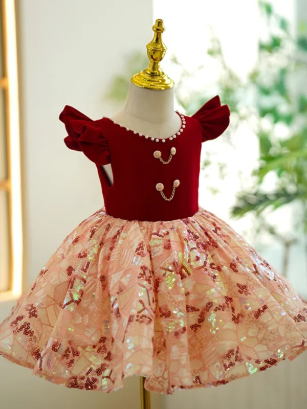 Chic / Beautiful Burgundy Pearl Sequins Short Flower Girl Dresses 2023 Ball Gown Birthday Scoop Neck Sleeveless Backless