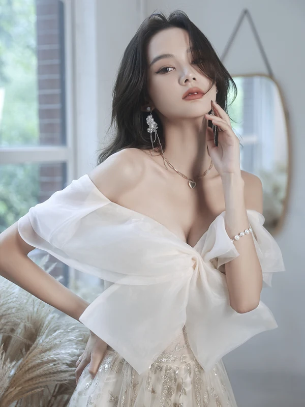 Glitzernden Sexy Champagner Pailletten Abendkleider 2023 A Linie Off Shoulder Schleife Kurze Ärmel Rückenfreies Lange Abend Festliche Kleider