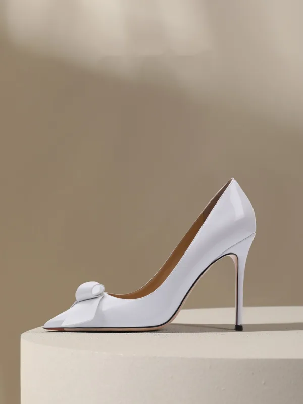 Mode Blanche Cuir Noeud Escarpins 2024 10 cm Talons Aiguilles À Bout Pointu Mariage Escarpins Talons Hauts