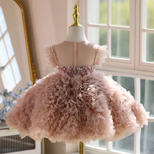 Schöne Rosa Perlenstickerei Perle Pailletten Plissee Kurze Geburtstag Blumenmädchenkleider 2025 Ballkleid Rundhalsausschnitt Ärmellos