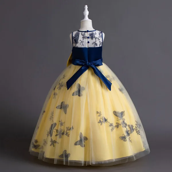Chic / Beautiful Sky Blue Lace Flower Sequins Flower Girl Dresses 2024 Ball Gown Birthday Sleeveless Scoop Neck Bow Floor-Length / Long
