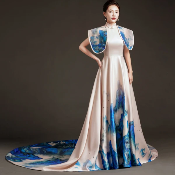 Vintage / Retro Chinese style Champagne Evening Dresses 2023 A-Line / Princess High Neck Sleeveless Backless Court Train Evening Party Formal Dresses
