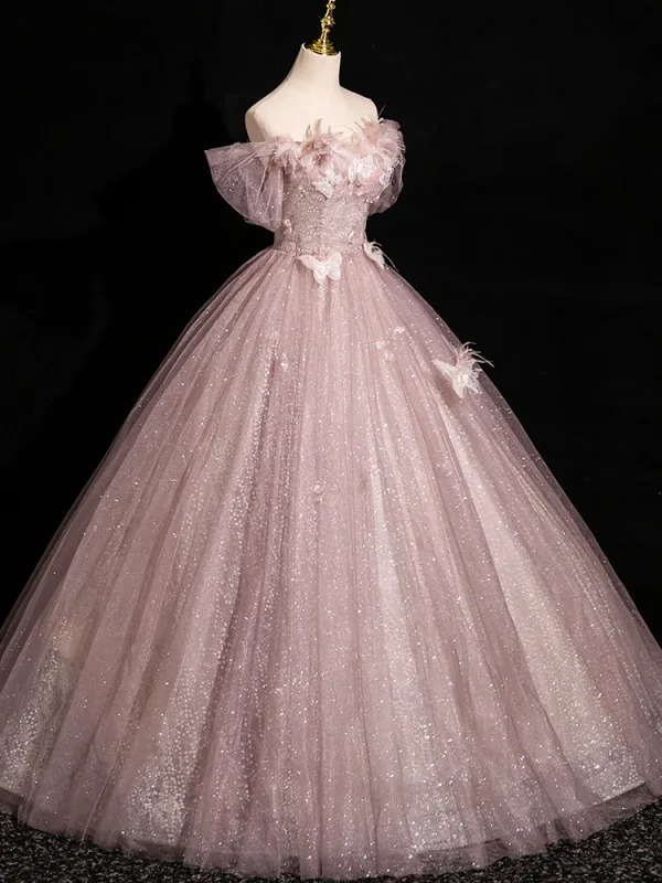 Elegant Blushing Pink Butterfly Appliques Sequins Prom Dresses 2024 Ball Gown Off-The-Shoulder Sleeveless Backless Floor-Length / Long Prom Formal Dresses