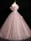 Elegant Blushing Pink Butterfly Appliques Sequins Prom Dresses 2024 Ball Gown Off-The-Shoulder Sleeveless Backless Floor-Length / Long Prom Formal Dresses