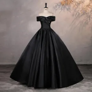 Élégant Noire Satin Robe De Bal 2025 Robe Boule De L Épaule Manches Courtes Dos Nu Longue Robe De Ceremonie
