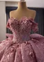 Luxury / Gorgeous Lovely Blushing Pink Pearl Sequins Appliques Prom Dresses 2026 Ball Gown Off-The-Shoulder Short Sleeve Backless Bow Chapel Train Formal Dresses