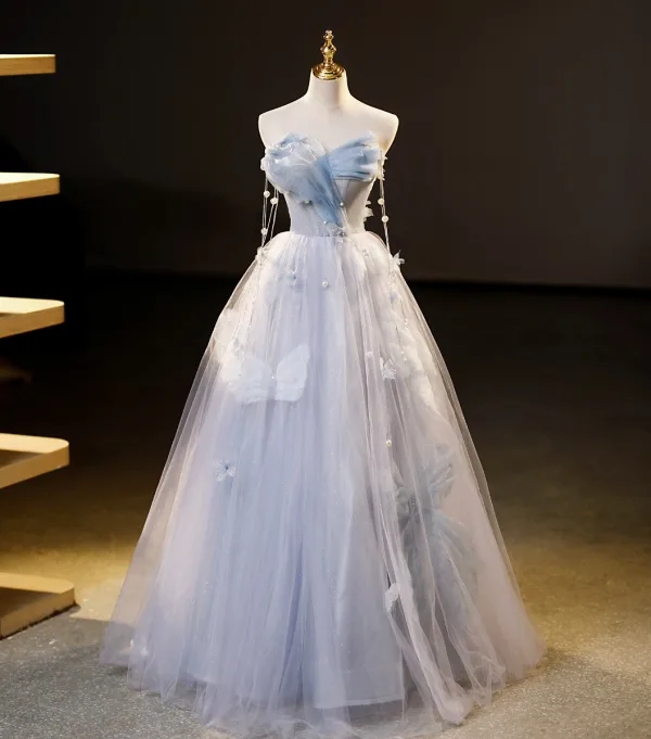 Charming Sky Blue Glitter Pearl Sequins Prom Dresses 2023 Ball Gown Strapless Sleeveless Backless Floor-Length / Long Prom Formal Dresses