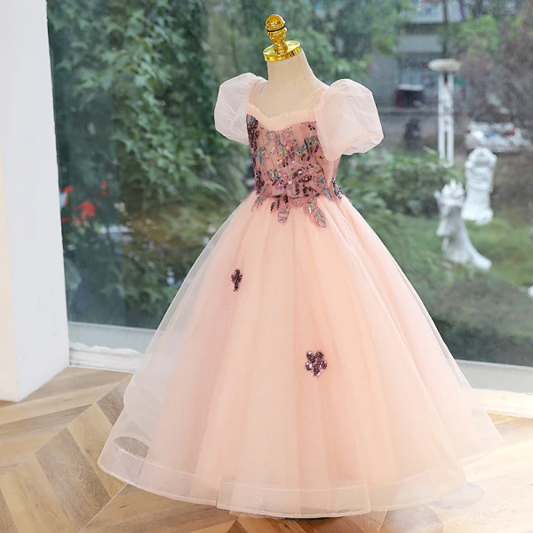 Chic / Beautiful Blushing Pink Sequins Flower Girl Dresses 2023 Ball Gown Square Neckline Puffy Short Sleeve Backless Floor-Length / Long Prom Flower Girl Dresses