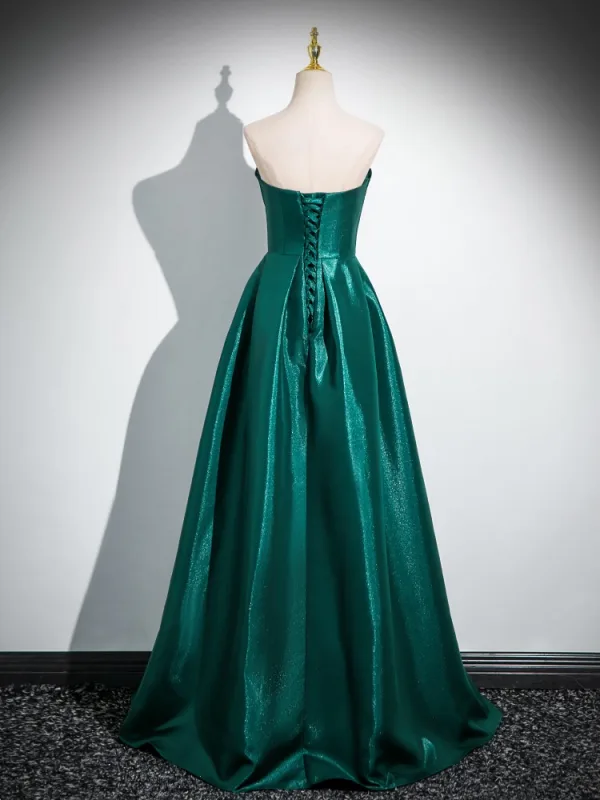 Elegante Dunkelgrün Glanz Ballkleider 2024 A Linie Bandeau Ärmellos Rückenfreies Lange Ball Festliche Kleider