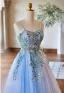 Elegante Himmelblau Spitze Blumen Ballkleider 2024 Ballkleid Spaghettiträger Ärmellos Rückenfreies Lange Tülle Ball Festliche Kleider