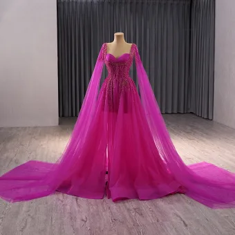 High End Fuchsia Handmade Beading Split Front Prom Dresses 2024 Ball Gown Square Neckline Short Sleeve Backless Sweep Train Prom Formal Dresses