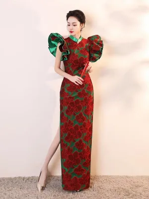 Vintage Czerwone Druk Długie Wieczorowe Cheongsam 2026 Syrena Rozkloszowane Wysokiej Szyi Bufiasta Kótkie Rękawy