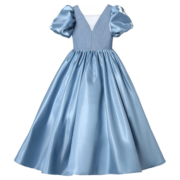 Chic / Belle Bleu Paillettes Soirée Robe Ceremonie Fille 2022 Robe Boule Satin Encolure Carrée Gonflée Manches Courtes Dos Nu Longue Robe Ceremonie Fille