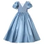Chic / Belle Bleu Paillettes Soirée Robe Ceremonie Fille 2022 Robe Boule Satin Encolure Carrée Gonflée Manches Courtes Dos Nu Longue Robe Ceremonie Fille
