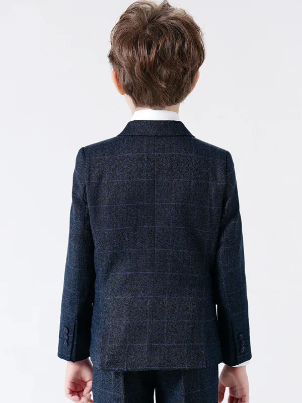 Modern / Fashion Navy Blue Long Sleeve 5-piece Boys Wedding Suits 2023 Wedding Coat Pants Shirt Tie Vest