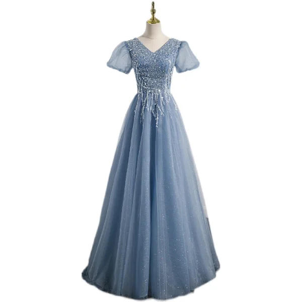 Chic / Beautiful Sky Blue Beading Sequins Prom Dresses 2022 A-Line / Princess V-Neck Puffy Short Sleeve Backless Floor-Length / Long Formal Dresses