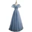 Chic / Beautiful Sky Blue Beading Sequins Prom Dresses 2022 A-Line / Princess V-Neck Puffy Short Sleeve Backless Floor-Length / Long Formal Dresses