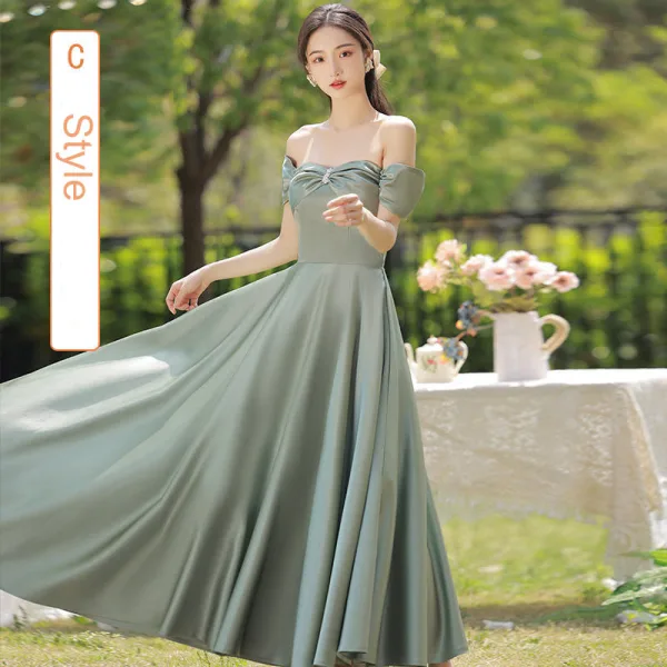 Simple Vert Cendré Satin Robe Demoiselle D'honneur 2022 Princesse Manches Courtes Dos Nu Noeud Longue Robe Demoiselle D'honneur