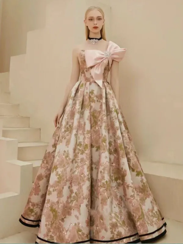 Fashion Blushing Pink Printing Prom Dresses 2024 A-Line / Princess Bow Strapless Sleeveless Backless Floor-Length / Long Prom Formal Dresses