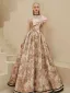 Fashion Blushing Pink Printing Prom Dresses 2024 A-Line / Princess Bow Strapless Sleeveless Backless Floor-Length / Long Prom Formal Dresses