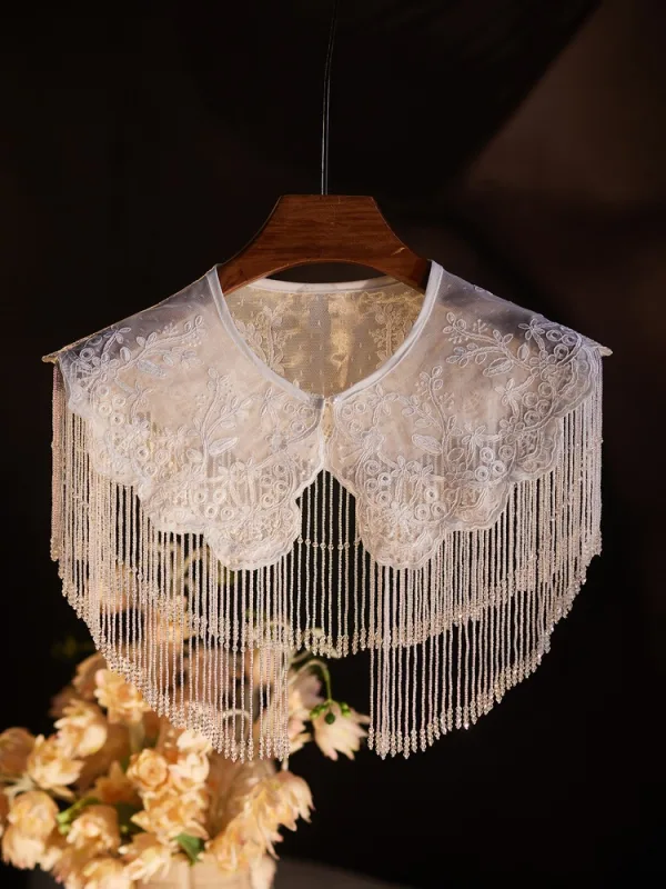 Charming White Handmade  Beading Tassel Lace Flower Prom shawl 2025