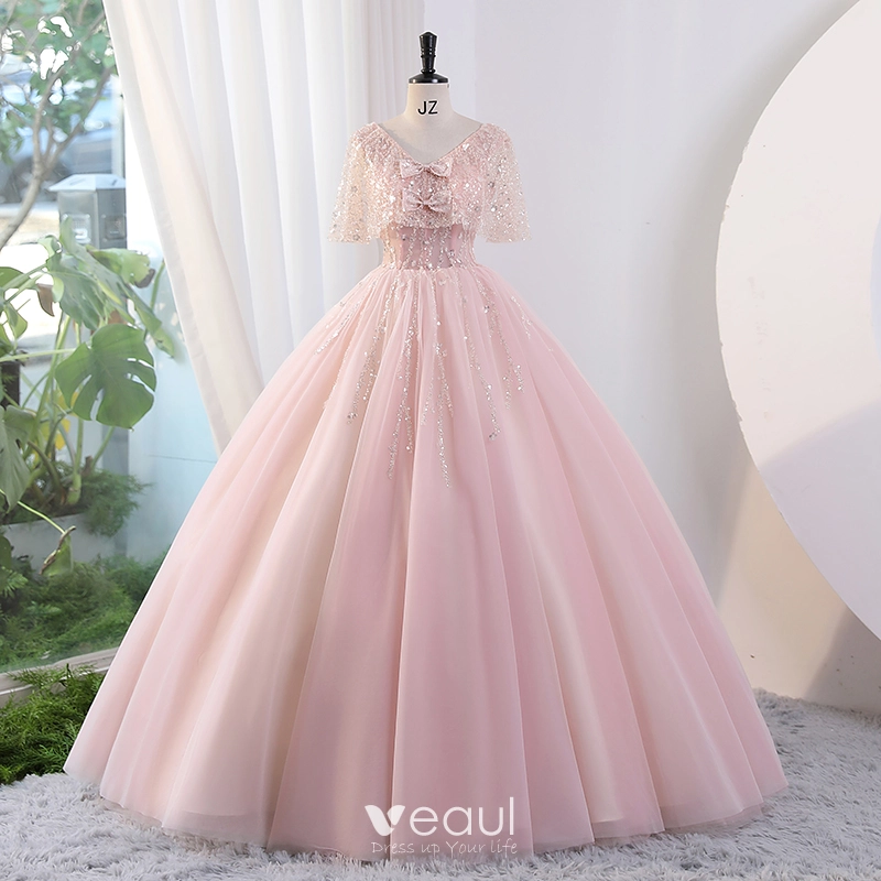 V-Neck Lace Tulle Bow Straps Sweep Train Prom Dress Pink / 12