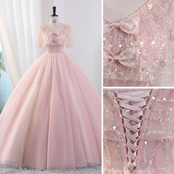 Charmant Rougissant Rose Perlage Noeud Paillettes Robe De Bal 2023 Robe Boule V-Cou Manches Courtes Dos Nu Longue Promo Robe De Ceremonie