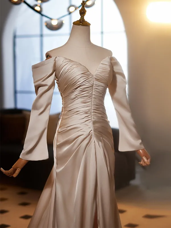 Fashion Champagne Trumpet / Mermaid Prom Dresses 2025 Off-The-Shoulder Long Sleeve Backless Floor-Length / Long Prom Formal Dresses