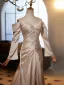 Fashion Champagne Trumpet / Mermaid Prom Dresses 2025 Off-The-Shoulder Long Sleeve Backless Floor-Length / Long Prom Formal Dresses