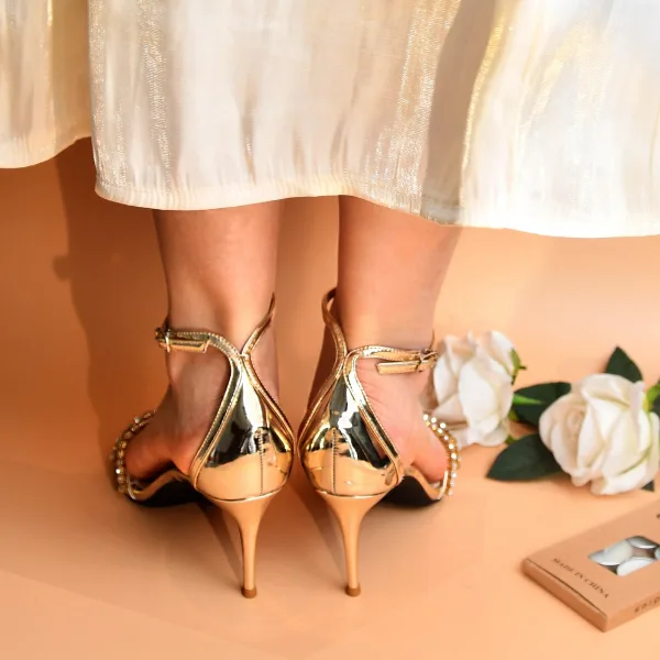 Sexy Gold Rhinestone Evening Party Womens Sandals 2022 Leather Ankle Strap 8 cm Stiletto Heels Open / Peep Toe Sandals High Heels