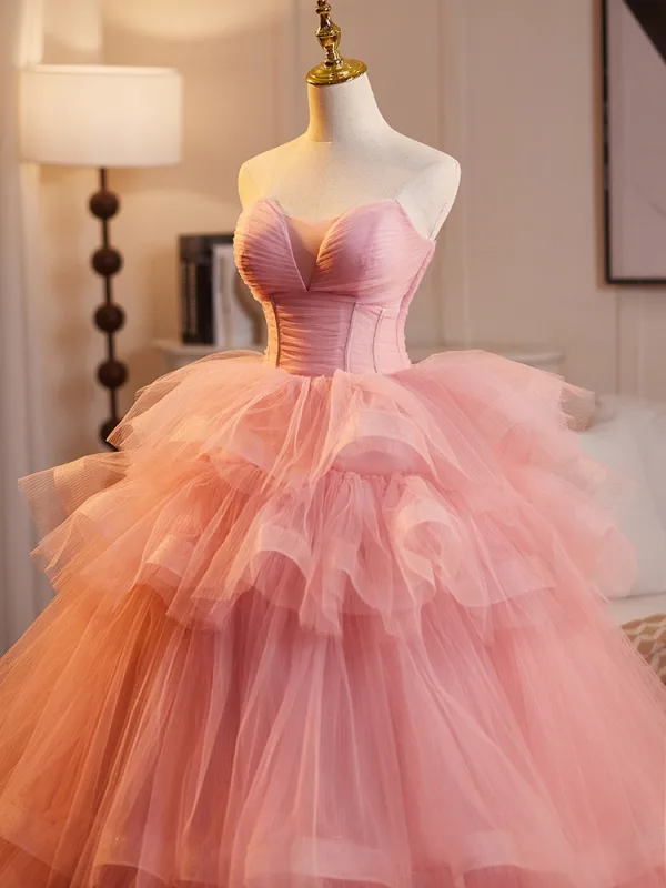 Chic / Beautiful Blushing Pink Cascading Ruffles Prom Dresses 2025 Ball Gown Strapless Sleeveless Backless Floor-Length / Long Prom Formal Dresses