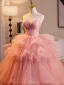 Chic / Beautiful Blushing Pink Cascading Ruffles Prom Dresses 2025 Ball Gown Strapless Sleeveless Backless Floor-Length / Long Prom Formal Dresses