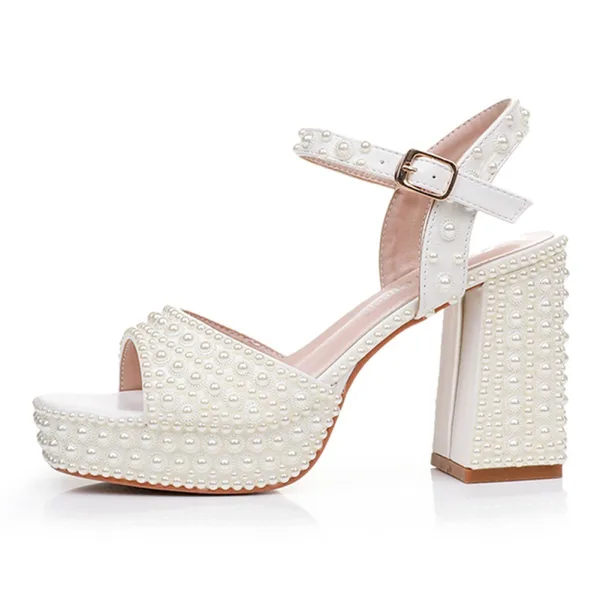 Sexy Beige Perle Brautschuhe 2025 Knöchelriemen 9 cm Thick Heels Peeptoes Hochzeit Sandaletten