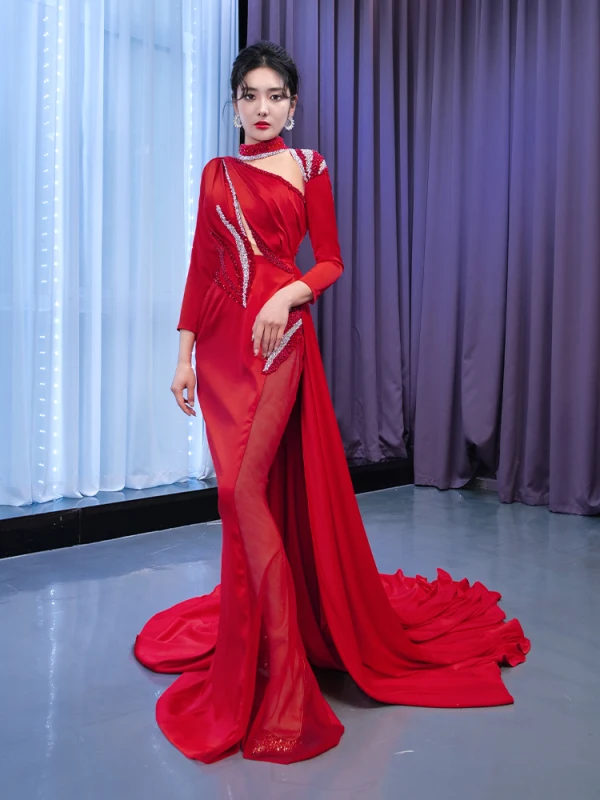 High-end Red Beading Pearl Sequins Evening Dresses Trumpet / Mermaid 2022 High Neck Long Sleeve Court Train Evening Party Formal Dresses