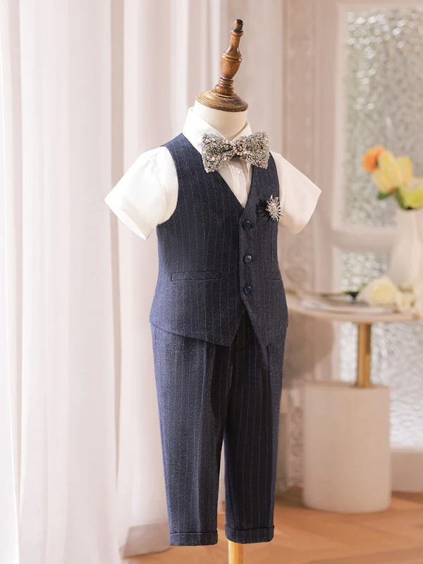 Navy Blue Striped 5-piece Boys Wedding Suits 2022 Short Sleeve Body Jewellery Pants Shirt Tie Vest