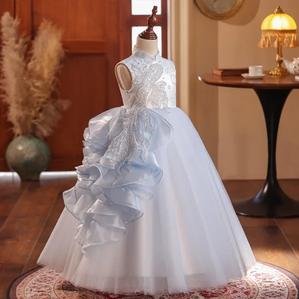 Chinese style Sky Blue Beading Pearl Sequins Birthday Flower Girl Dresses 2024 Ball Gown High Neck Sleeveless Floor-Length / Long Flower Girl Dresses