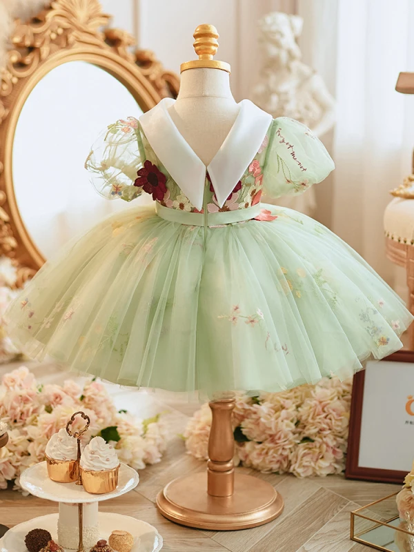 Lovely Sage Green Lace Flower Short Birthday Flower Girl Dresses 2024 Ball Gown Scoop Neck Puffy Short Sleeve Backless