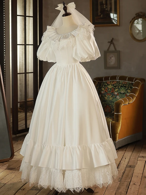 Vintage / Retro Elegant Ivory Satin Wedding Dresses 2023 Ball Gown Pearl Scoop Neck Puffy Short Sleeve Backless Floor-Length / Long Wedding