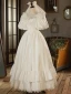 Vintage / Retro Elegant Ivory Satin Wedding Dresses 2023 Ball Gown Pearl Scoop Neck Puffy Short Sleeve Backless Floor-Length / Long Wedding