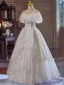Vintage Weiß Spitze Blumen Satin Brautkleider / Hochzeitskleider 2024 A Linie Off Shoulder Kurze Ärmel Rückenfreies Lange Hochzeit