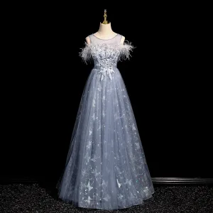 Chic Beautiful Sky Blue Lace Flower Tassel Prom Dresses 2024 A Line Princess Scoop Neck Sleeveless Backless Floor Length Long Prom Formal Dresses