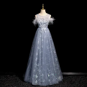 Chic Belle Bleu Ciel En Dentelle Fleur Gland Robe De Bal 2024 Princesse Encolure Dégagée Sans Manches Dos Nu Longue Promo Robe De Ceremonie