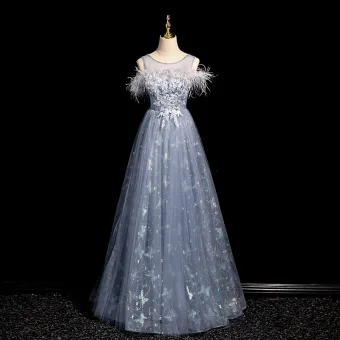 Chic Beautiful Sky Blue Lace Flower Tassel Prom Dresses 2024 A Line Princess Scoop Neck Sleeveless Backless Floor Length Long Prom Formal Dresses