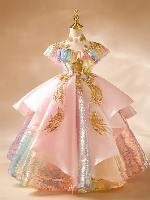 Schön Pink Perlenstickerei Pailletten Fallende Rüsche Geburtstag Blumenmädchenkleider 2024 Ballkleid Stehkragen Kurze Ärmel Rückenfreies Lange