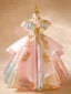 Schön Pink Perlenstickerei Pailletten Fallende Rüsche Geburtstag Blumenmädchenkleider 2024 Ballkleid Stehkragen Kurze Ärmel Rückenfreies Lange