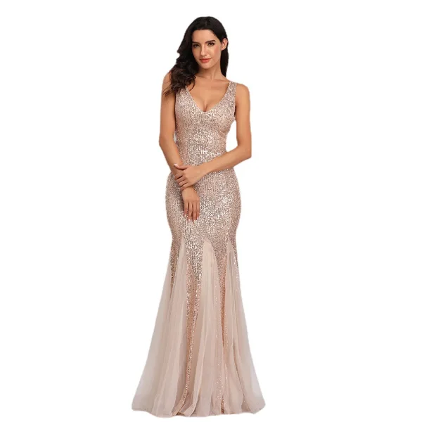 Bling Bling Bleu Marine Paillettes Robe De Soirée 2023 Trompette / Sirène V-Cou Sans Manches Dos Nu Longue Soirée Robe De Ceremonie