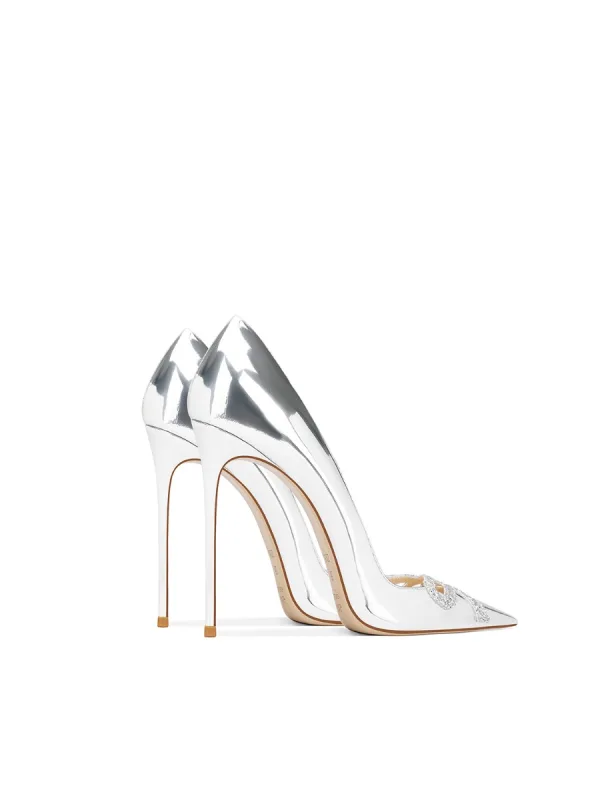 Sexig Silver Afton Rhinestone Rosett Pumps 2024 Läder 10 cm Stilettklackar Spetsiga Pumps Högklackade