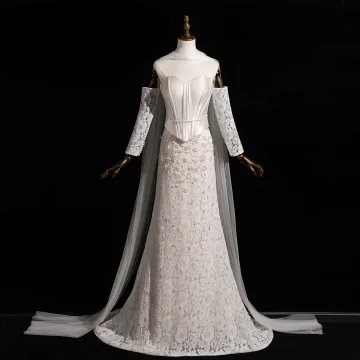 Vintage Retro Ivory Pearl Lace Flower Corset Wedding Dresses 2026 Trumpet Mermaid Off The Shoulder 3 4 Sleeve Backless Floor Length Long Wedding