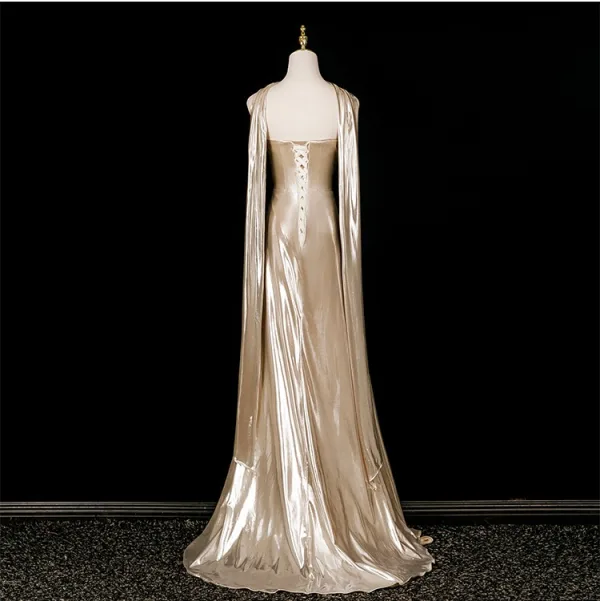 Sexy Champagner Sweep / Pinsel Zug Abendkleider 2025 Meerjungfrau Bandeau Ärmellos Rückenfreies Abend Festliche Kleider